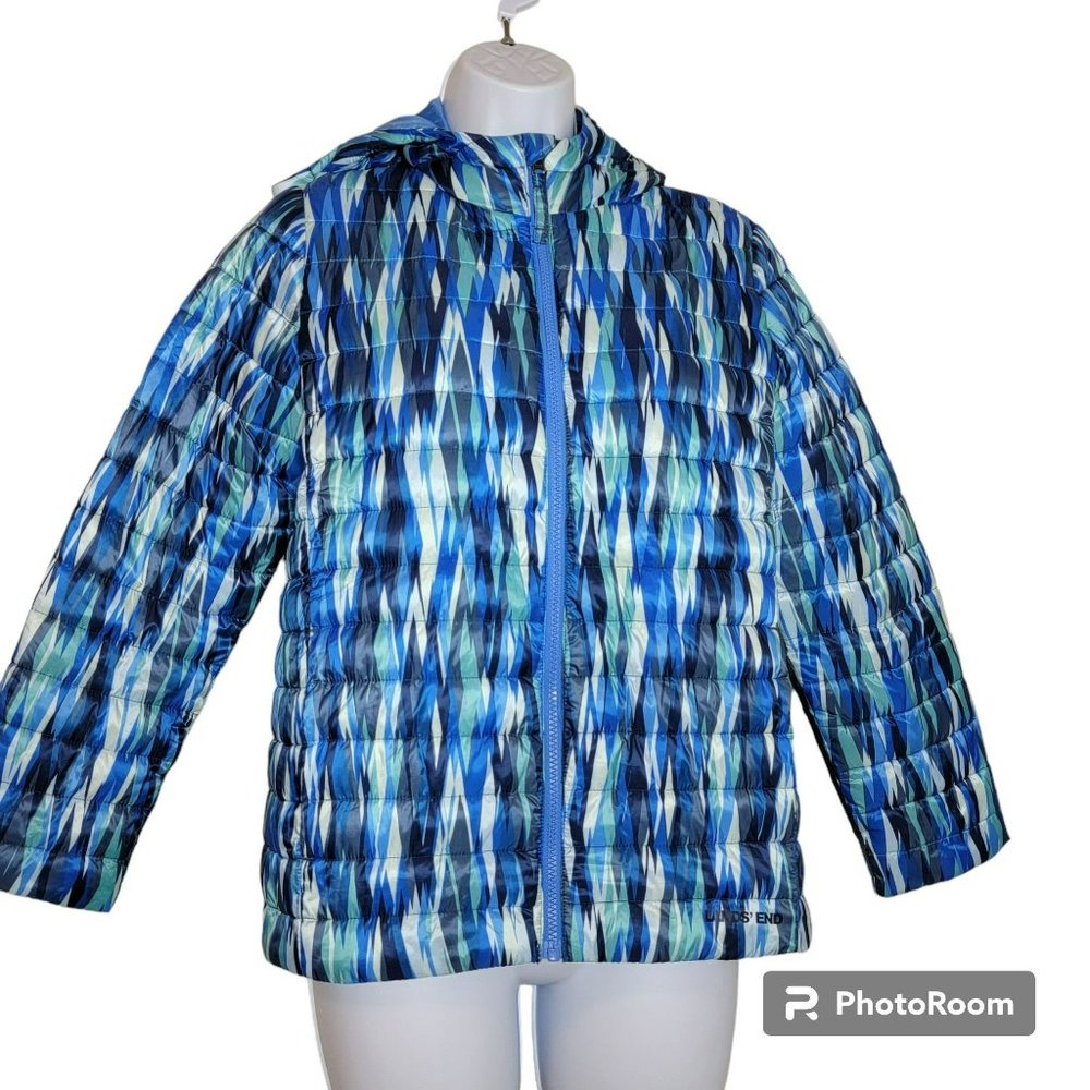 Lands' End Puffer Jacket, Girls Large, Blue, Green & White Abstract, Hooded, EUC